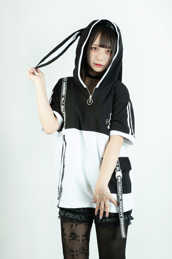 Jillpunk 二次コン 社交恐怖症 SADウサギ 超かわいい お宅 顔文字 工業風ポケット 兎耳 樹脂バックルベルト付き ゆったり半袖 パーカー オリジナル メンズ レディーズ おしゃれ 男女兼用 ファッション 秋葉系