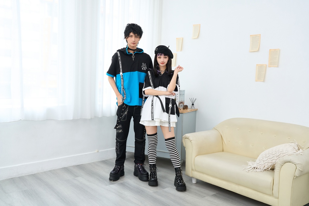 Jillpunk 二次コン 社交恐怖症 SADウサギ 超かわいい お宅 顔文字 工業風ポケット 兎耳 樹脂バックルベルト付き ゆったり半袖 パーカー オリジナル メンズ レディーズ おしゃれ 男女兼用 ファッション 秋葉系