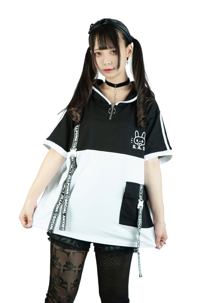Jillpunk 二次コン 社交恐怖症 SADウサギ 超かわいい お宅 顔文字 工業風ポケット 兎耳 樹脂バックルベルト付き ゆったり半袖 パーカー オリジナル メンズ レディーズ おしゃれ 男女兼用 ファッション 秋葉系