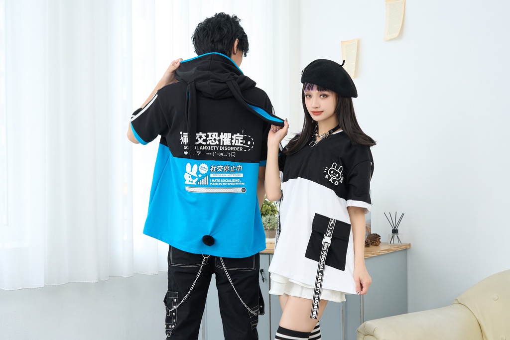 Jillpunk 二次コン 社交恐怖症 SADウサギ 超かわいい お宅 顔文字 工業風ポケット 兎耳 樹脂バックルベルト付き ゆったり半袖 パーカー オリジナル メンズ レディーズ おしゃれ 男女兼用 ファッション 秋葉系