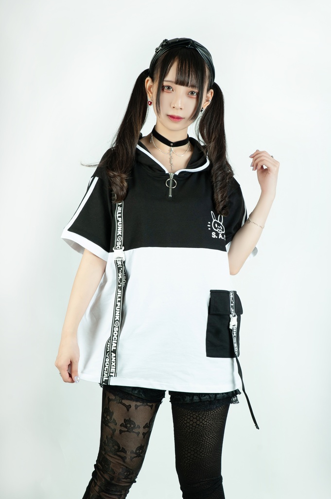 Jillpunk 二次コン 社交恐怖症 SADウサギ 超かわいい お宅 顔文字 工業風ポケット 兎耳 樹脂バックルベルト付き ゆったり半袖 パーカー オリジナル メンズ レディーズ おしゃれ 男女兼用 ファッション 秋葉系