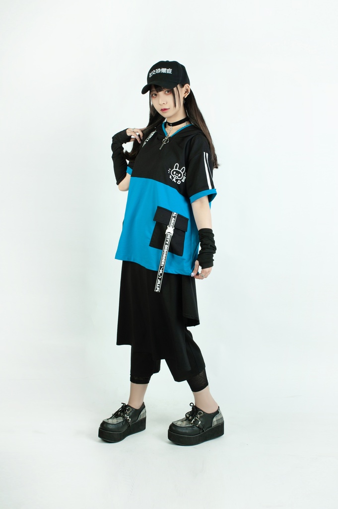 Jillpunk 二次コン 社交恐怖症 SADウサギ 超かわいい お宅 顔文字 工業風ポケット 兎耳 樹脂バックルベルト付き ゆったり半袖 パーカー オリジナル メンズ レディーズ おしゃれ 男女兼用 ファッション 秋葉系