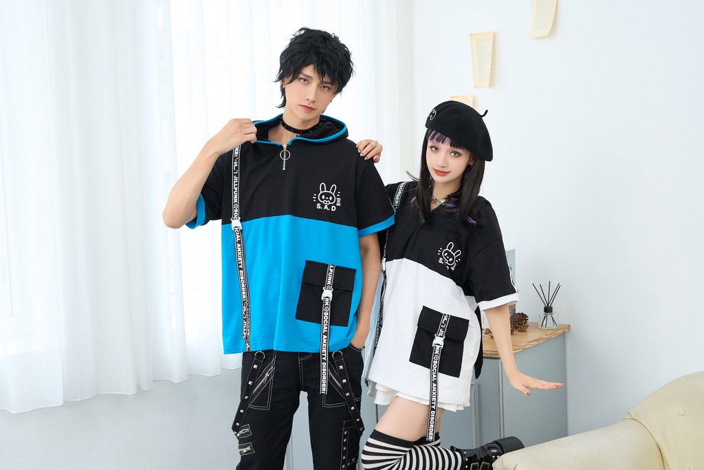 Jillpunk 二次コン 社交恐怖症 SADウサギ 超かわいい お宅 顔文字 工業風ポケット 兎耳 樹脂バックルベルト付き ゆったり半袖 パーカー オリジナル メンズ レディーズ おしゃれ 男女兼用 ファッション 秋葉系