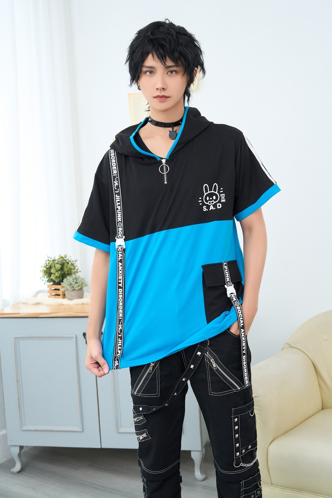Jillpunk 二次コン 社交恐怖症 SADウサギ 超かわいい お宅 顔文字 工業風ポケット 兎耳 樹脂バックルベルト付き ゆったり半袖 パーカー オリジナル メンズ レディーズ おしゃれ 男女兼用 ファッション 秋葉系