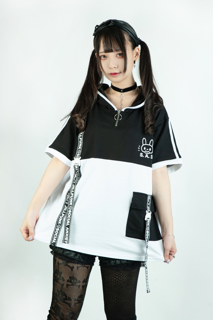 Jillpunk 二次コン 社交恐怖症 SADウサギ 超かわいい お宅 顔文字 工業風ポケット 兎耳 樹脂バックルベルト付き ゆったり半袖 パーカー オリジナル メンズ レディーズ おしゃれ 男女兼用 ファッション 秋葉系