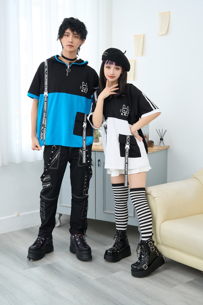 Jillpunk 二次コン 社交恐怖症 SADウサギ 超かわいい お宅 顔文字 工業風ポケット 兎耳 樹脂バックルベルト付き ゆったり半袖 パーカー オリジナル メンズ レディーズ おしゃれ 男女兼用 ファッション 秋葉系