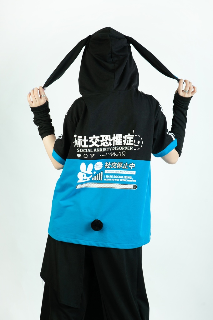 Jillpunk 二次コン 社交恐怖症 SADウサギ 超かわいい お宅 顔文字 工業風ポケット 兎耳 樹脂バックルベルト付き ゆったり半袖 パーカー オリジナル メンズ レディーズ おしゃれ 男女兼用 ファッション 秋葉系