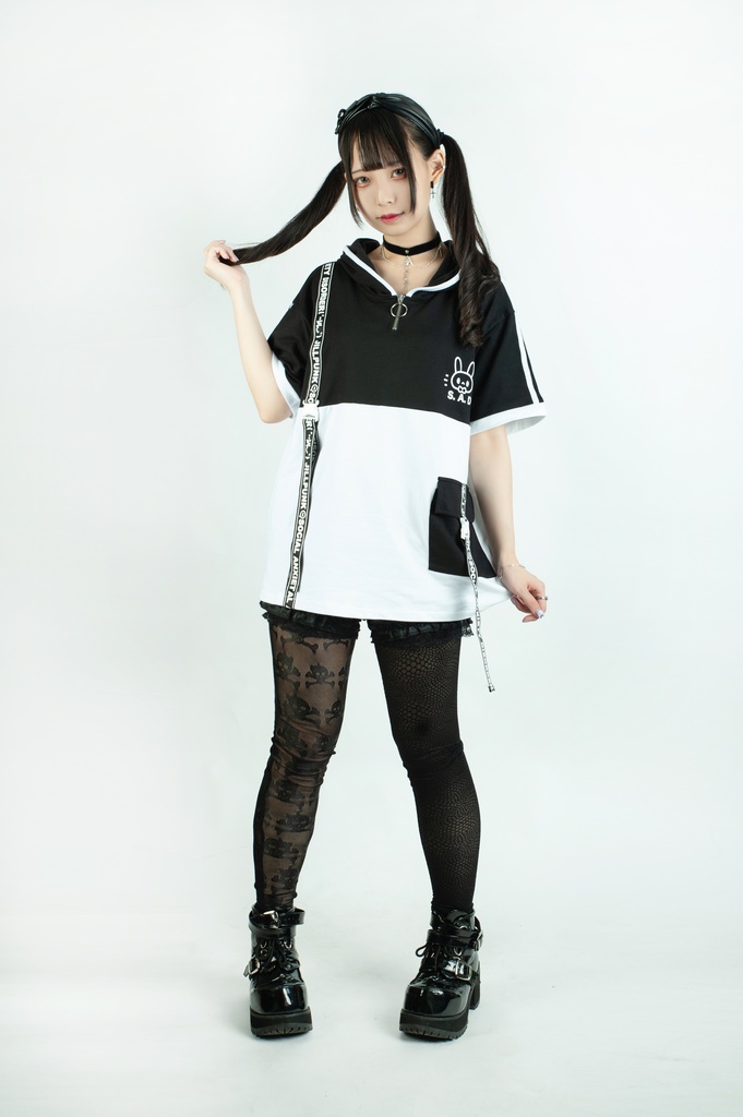 Jillpunk 二次コン 社交恐怖症 SADウサギ 超かわいい お宅 顔文字 工業風ポケット 兎耳 樹脂バックルベルト付き ゆったり半袖 パーカー オリジナル メンズ レディーズ おしゃれ 男女兼用 ファッション 秋葉系