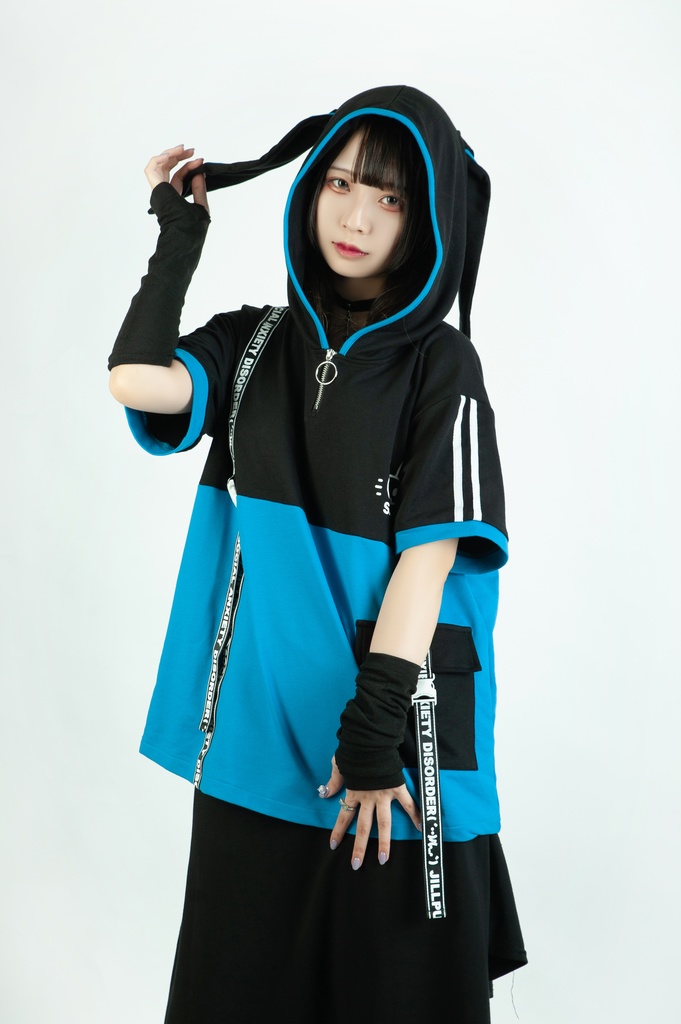 Jillpunk 二次コン 社交恐怖症 SADウサギ 超かわいい お宅 顔文字 工業風ポケット 兎耳 樹脂バックルベルト付き ゆったり半袖 パーカー オリジナル メンズ レディーズ おしゃれ 男女兼用 ファッション 秋葉系