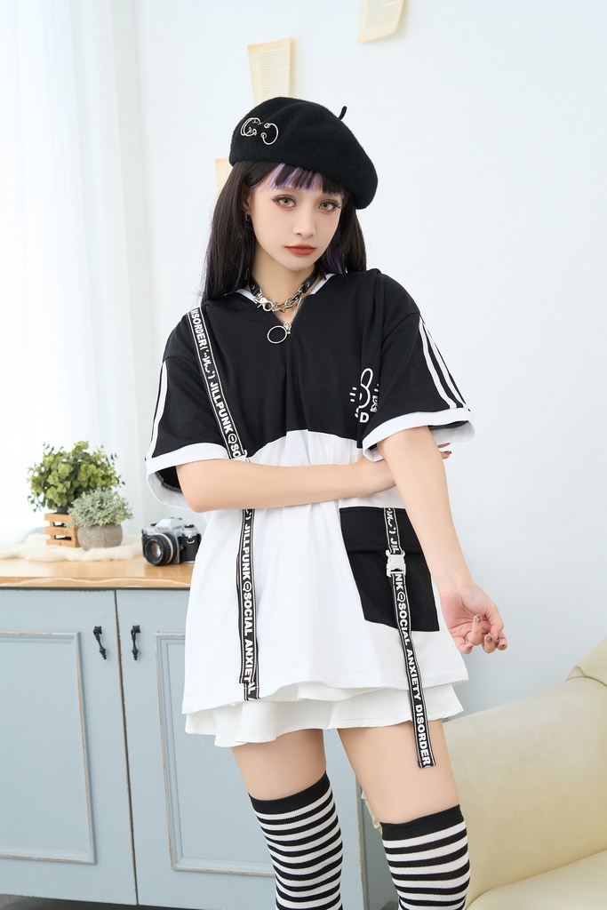 Jillpunk 二次コン 社交恐怖症 SADウサギ 超かわいい お宅 顔文字 工業風ポケット 兎耳 樹脂バックルベルト付き ゆったり半袖 パーカー オリジナル メンズ レディーズ おしゃれ 男女兼用 ファッション 秋葉系