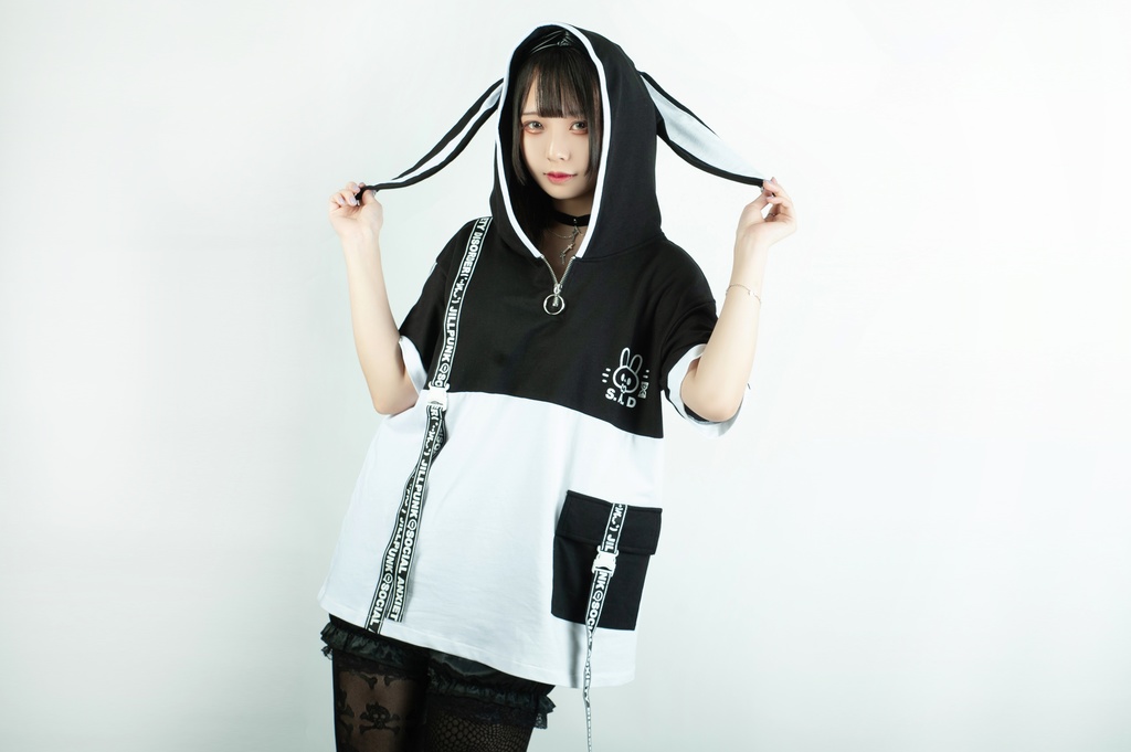 Jillpunk 二次コン 社交恐怖症 SADウサギ 超かわいい お宅 顔文字 工業風ポケット 兎耳 樹脂バックルベルト付き ゆったり半袖 パーカー オリジナル メンズ レディーズ おしゃれ 男女兼用 ファッション 秋葉系