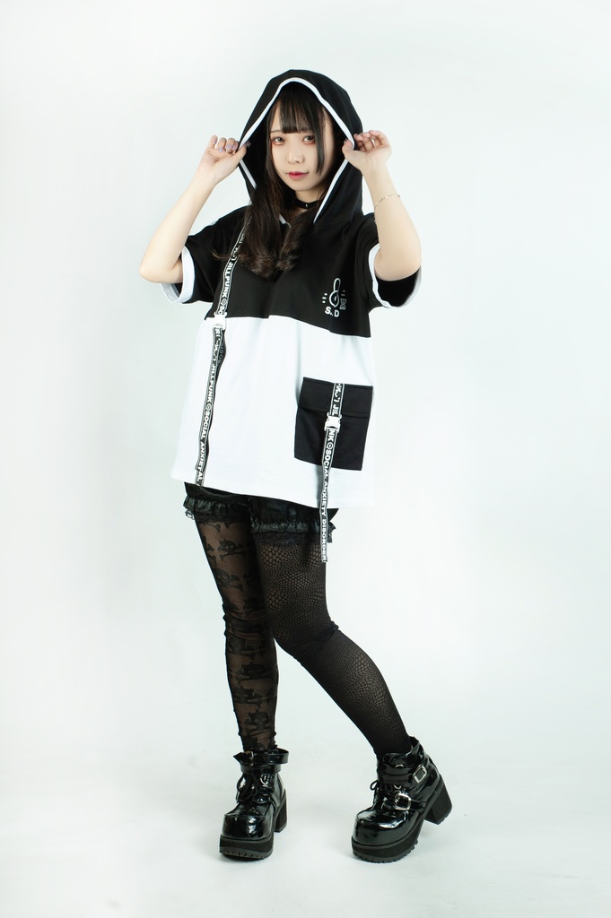 Jillpunk 二次コン 社交恐怖症 SADウサギ 超かわいい お宅 顔文字 工業風ポケット 兎耳 樹脂バックルベルト付き ゆったり半袖 パーカー オリジナル メンズ レディーズ おしゃれ 男女兼用 ファッション 秋葉系