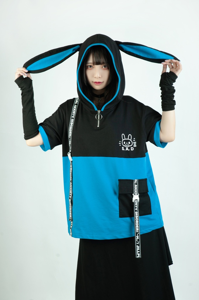 Jillpunk 二次コン 社交恐怖症 SADウサギ 超かわいい お宅 顔文字 工業風ポケット 兎耳 樹脂バックルベルト付き ゆったり半袖 パーカー オリジナル メンズ レディーズ おしゃれ 男女兼用 ファッション 秋葉系