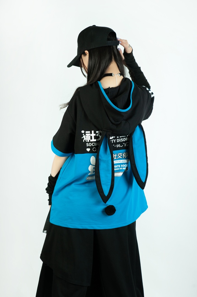 Jillpunk 二次コン 社交恐怖症 SADウサギ 超かわいい お宅 顔文字 工業風ポケット 兎耳 樹脂バックルベルト付き ゆったり半袖 パーカー オリジナル メンズ レディーズ おしゃれ 男女兼用 ファッション 秋葉系