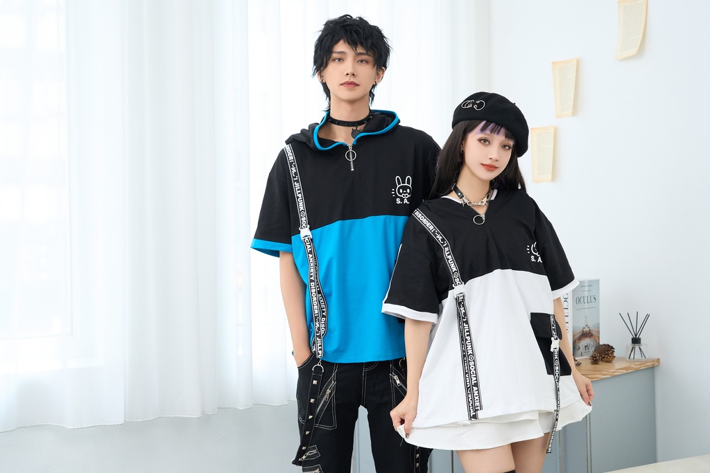 Jillpunk 二次コン 社交恐怖症 SADウサギ 超かわいい お宅 顔文字 工業風ポケット 兎耳 樹脂バックルベルト付き ゆったり半袖 パーカー オリジナル メンズ レディーズ おしゃれ 男女兼用 ファッション 秋葉系