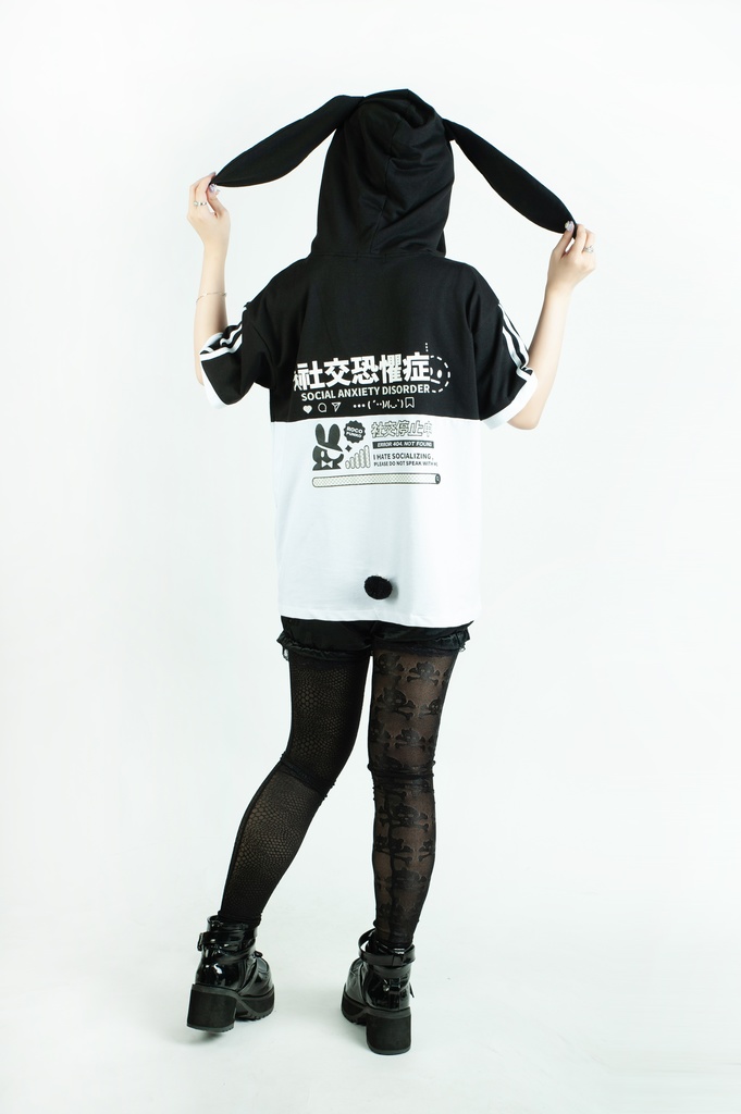 Jillpunk 二次コン 社交恐怖症 SADウサギ 超かわいい お宅 顔文字 工業風ポケット 兎耳 樹脂バックルベルト付き ゆったり半袖 パーカー オリジナル メンズ レディーズ おしゃれ 男女兼用 ファッション 秋葉系