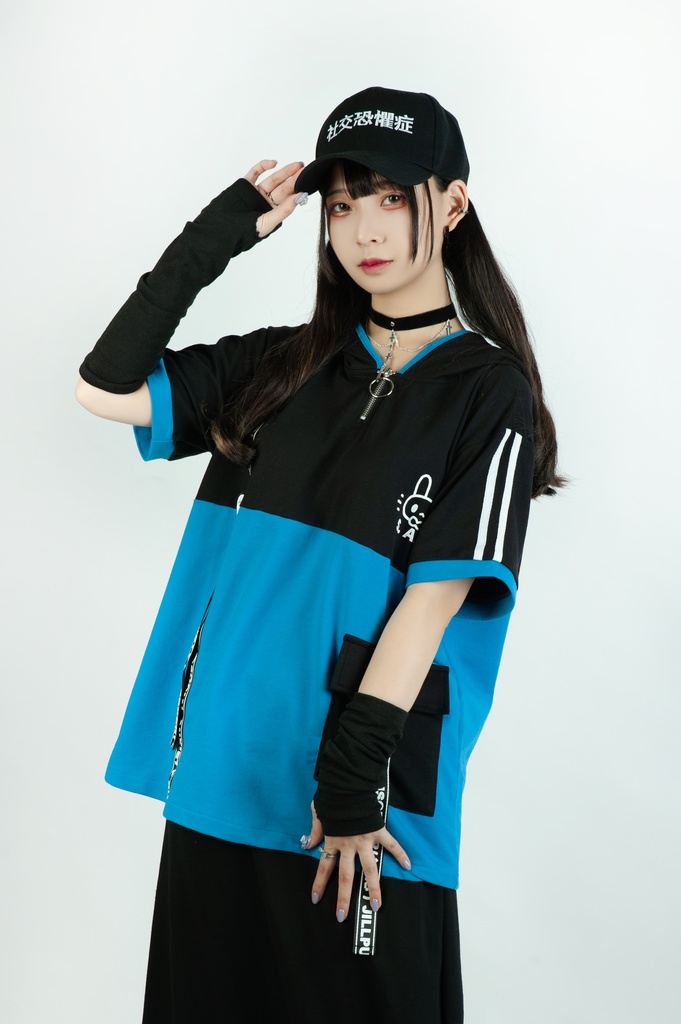 Jillpunk 二次コン 社交恐怖症 SADウサギ 超かわいい お宅 顔文字 工業風ポケット 兎耳 樹脂バックルベルト付き ゆったり半袖 パーカー オリジナル メンズ レディーズ おしゃれ 男女兼用 ファッション 秋葉系