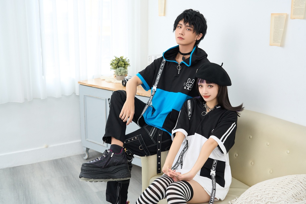 Jillpunk 二次コン 社交恐怖症 SADウサギ 超かわいい お宅 顔文字 工業風ポケット 兎耳 樹脂バックルベルト付き ゆったり半袖 パーカー オリジナル メンズ レディーズ おしゃれ 男女兼用 ファッション 秋葉系