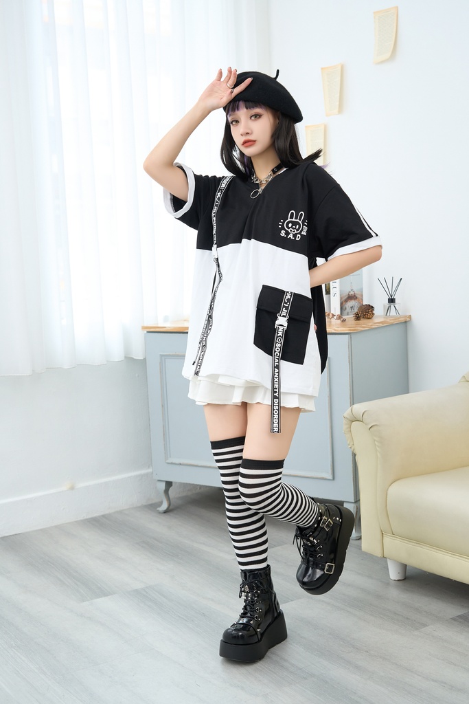 Jillpunk 二次コン 社交恐怖症 SADウサギ 超かわいい お宅 顔文字 工業風ポケット 兎耳 樹脂バックルベルト付き ゆったり半袖 パーカー オリジナル メンズ レディーズ おしゃれ 男女兼用 ファッション 秋葉系