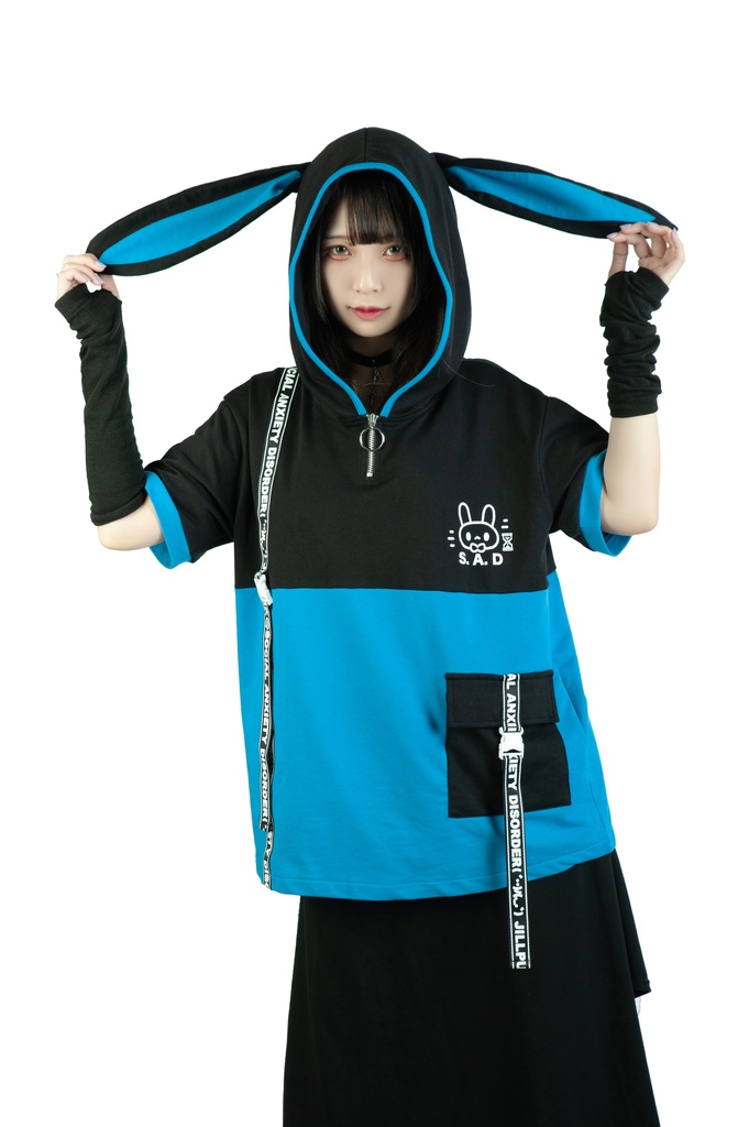 Jillpunk 二次コン 社交恐怖症 SADウサギ 超かわいい お宅 顔文字 工業風ポケット 兎耳 樹脂バックルベルト付き ゆったり半袖 パーカー オリジナル メンズ レディーズ おしゃれ 男女兼用 ファッション 秋葉系