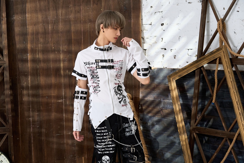 Jillpunk ビジュアル系 パンクロック バンギャ 兄系 锐利の愛 アームカバー リベット付き 立襟カラー トリプルベルト 燕尾 半袖 ジップアップ ドレスシャツ メンズ レディーズ ファッション おしゃれ男女兼用カッコいい