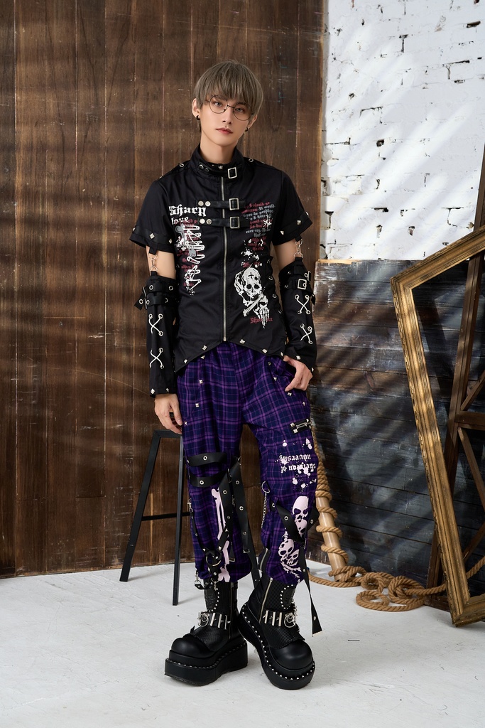 Jillpunk ビジュアル系 パンクロック バンギャ 兄系 锐利の愛 アームカバー リベット付き 立襟カラー トリプルベルト 燕尾 半袖 ジップアップ ドレスシャツ メンズ レディーズ ファッション おしゃれ男女兼用カッコいい