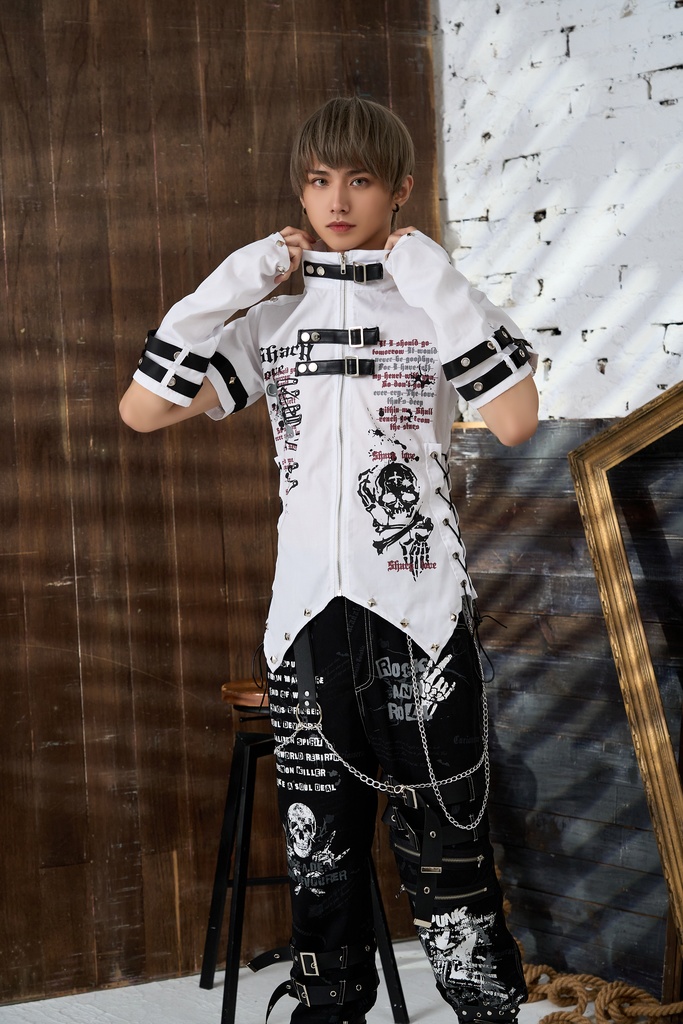 Jillpunk ビジュアル系 パンクロック バンギャ 兄系 锐利の愛 アームカバー リベット付き 立襟カラー トリプルベルト 燕尾 半袖 ジップアップ ドレスシャツ メンズ レディーズ ファッション おしゃれ男女兼用カッコいい