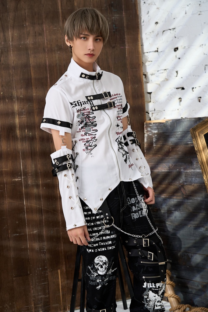 Jillpunk ビジュアル系 パンクロック バンギャ 兄系 锐利の愛 アームカバー リベット付き 立襟カラー トリプルベルト 燕尾 半袖 ジップアップ ドレスシャツ メンズ レディーズ ファッション おしゃれ男女兼用カッコいい