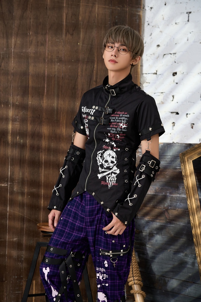 Jillpunk ビジュアル系 パンクロック バンギャ 兄系 锐利の愛 アームカバー リベット付き 立襟カラー トリプルベルト 燕尾 半袖 ジップアップ ドレスシャツ メンズ レディーズ ファッション おしゃれ男女兼用カッコいい