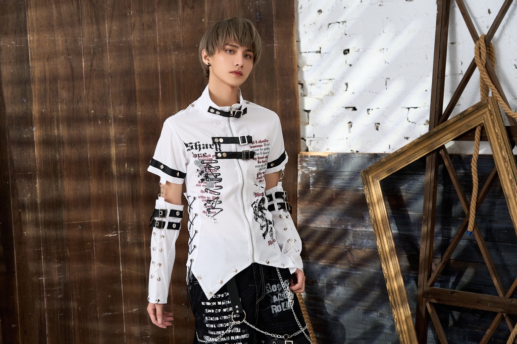 Jillpunk ビジュアル系 パンクロック バンギャ 兄系 锐利の愛 アームカバー リベット付き 立襟カラー トリプルベルト 燕尾 半袖 ジップアップ ドレスシャツ メンズ レディーズ ファッション おしゃれ男女兼用カッコいい