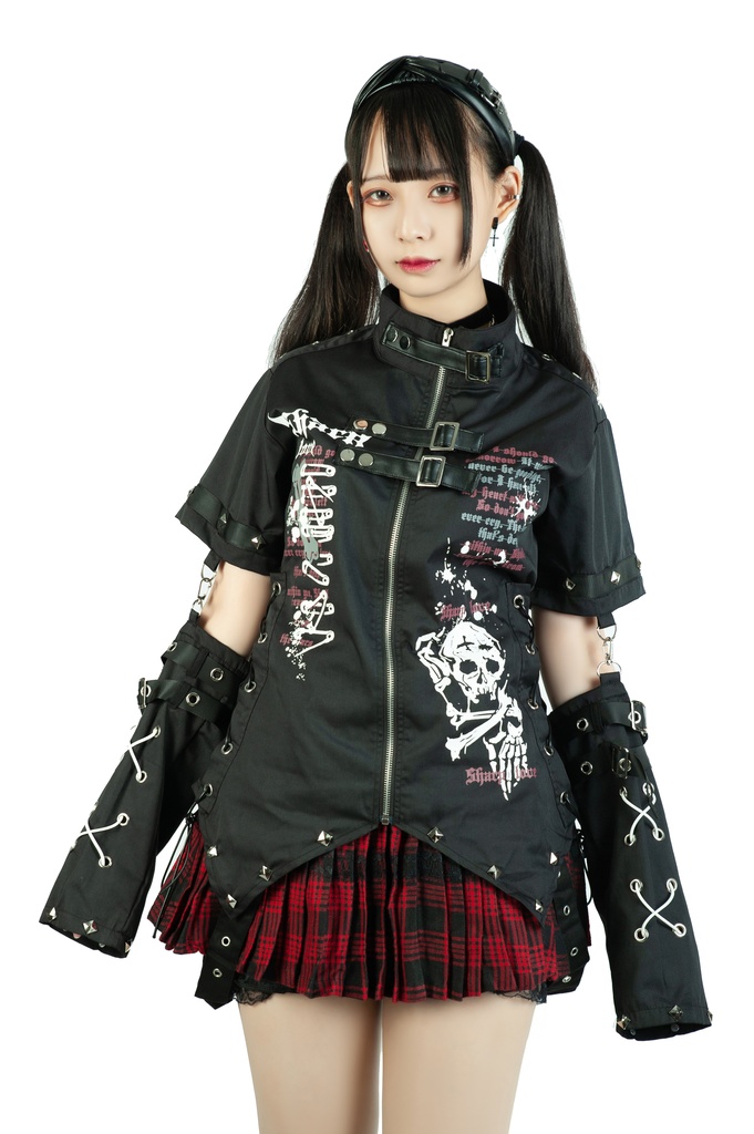 Jillpunk ビジュアル系 パンクロック バンギャ 兄系 锐利の愛 アームカバー リベット付き 立襟カラー トリプルベルト 燕尾 半袖 ジップアップ ドレスシャツ メンズ レディーズ ファッション おしゃれ男女兼用カッコいい