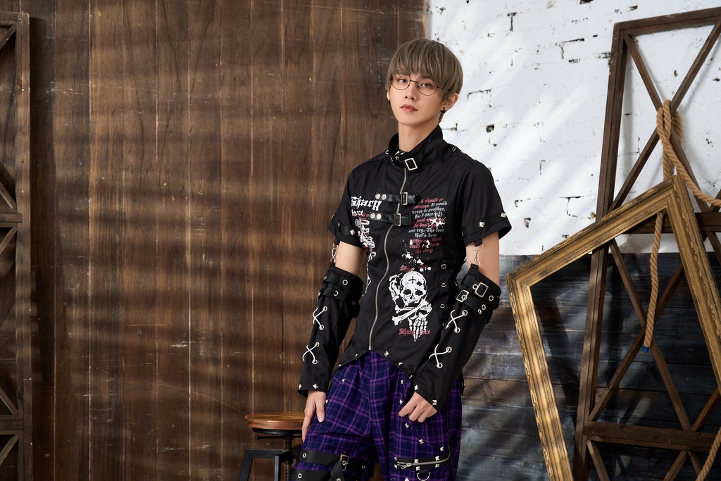 Jillpunk ビジュアル系 パンクロック バンギャ 兄系 锐利の愛 アームカバー リベット付き 立襟カラー トリプルベルト 燕尾 半袖 ジップアップ ドレスシャツ メンズ レディーズ ファッション おしゃれ男女兼用カッコいい