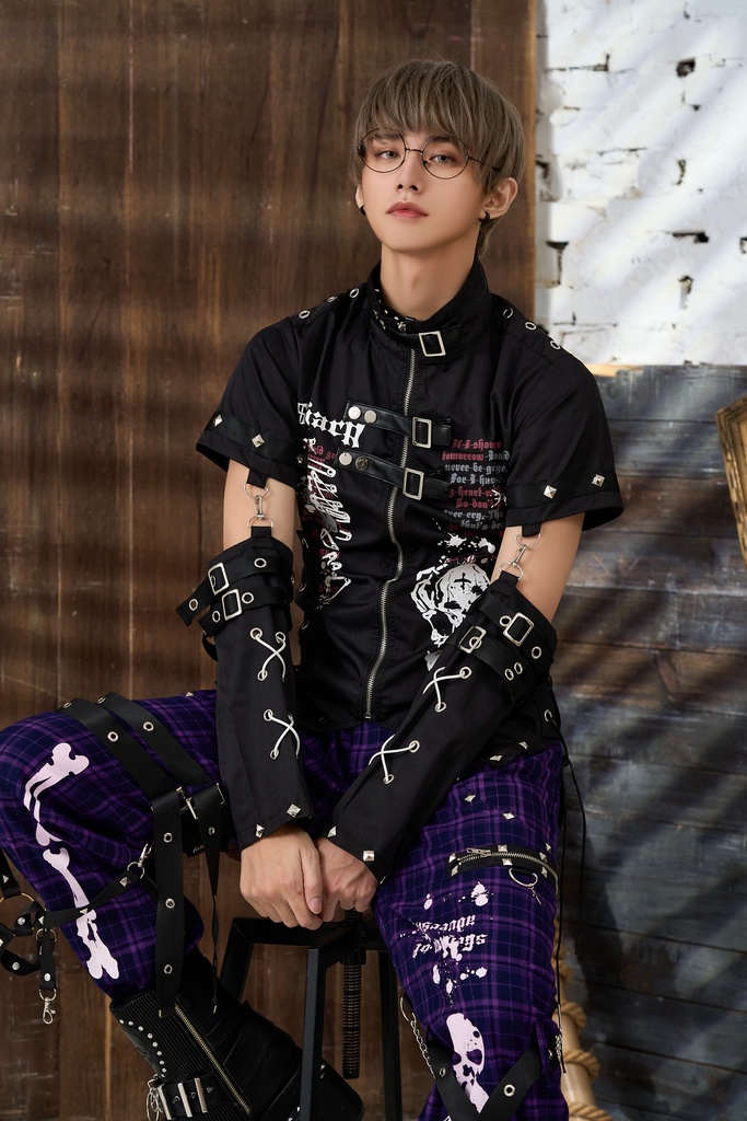 Jillpunk ビジュアル系 パンクロック バンギャ 兄系 锐利の愛 アームカバー リベット付き 立襟カラー トリプルベルト 燕尾 半袖 ジップアップ ドレスシャツ メンズ レディーズ ファッション おしゃれ男女兼用カッコいい