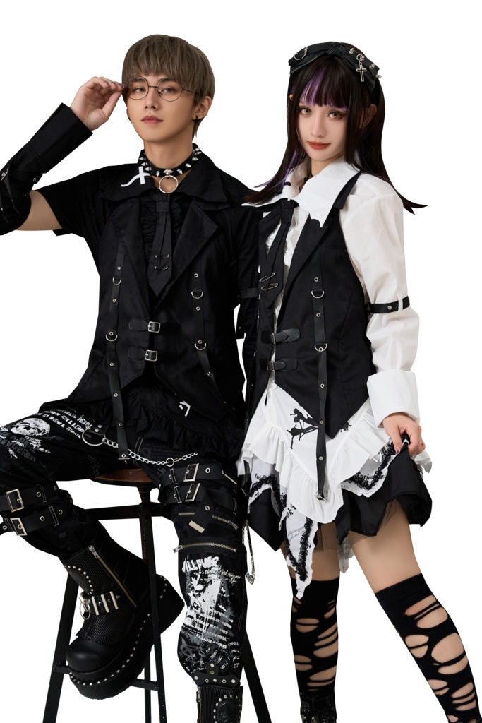 Jillpunk ゴシック ヴァンパイア風 ビジュアル系 逆境亡骸 ドクロ柄 ネクタイ付き フリルヘム ドレスシャツ ホルターネックベスト 2点セット オリジナル おしゃれ 男女兼用 カッコいい 王子様 メンズ レディース ヨーロッパ貴族 V系