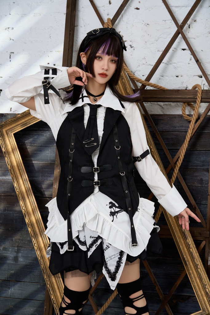 Jillpunk ゴシック ヴァンパイア風 ビジュアル系 逆境亡骸 ドクロ柄 ネクタイ付き フリルヘム ドレスシャツ ホルターネックベスト 2点セット オリジナル おしゃれ 男女兼用 カッコいい 王子様 メンズ レディース ヨーロッパ貴族 V系