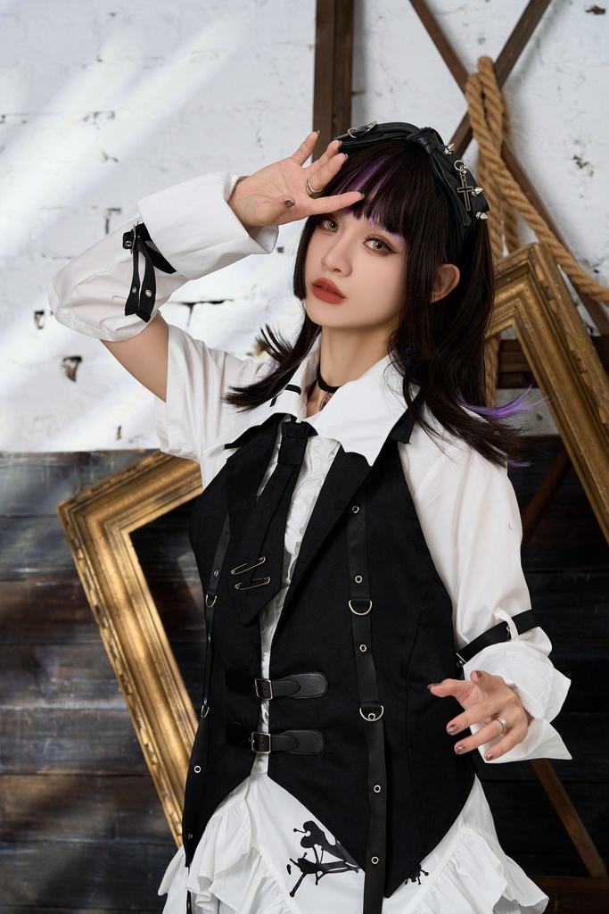 Jillpunk ゴシック ヴァンパイア風 ビジュアル系 逆境亡骸 ドクロ柄 ネクタイ付き フリルヘム ドレスシャツ ホルターネックベスト 2点セット オリジナル おしゃれ 男女兼用 カッコいい 王子様 メンズ レディース ヨーロッパ貴族 V系