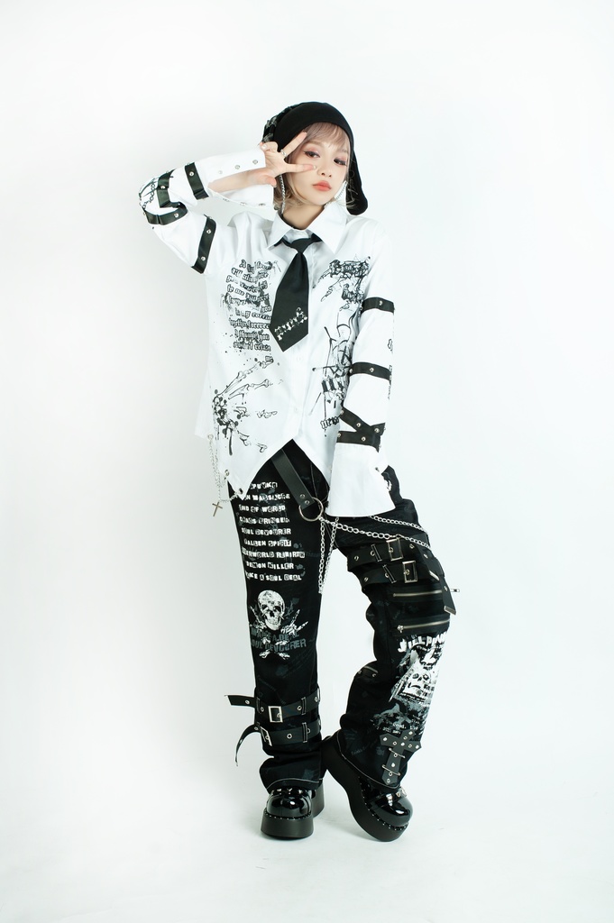 Jillpunk 王道パンク ロック プレッピー バンギャ 兄系ファッション サイバーアイドル 蜘蛛の巣柄 ネクタイ スタッズ付き 長袖ドレスシャツ メンズ レディーズ V系 おしゃれ男女兼用カッコいい