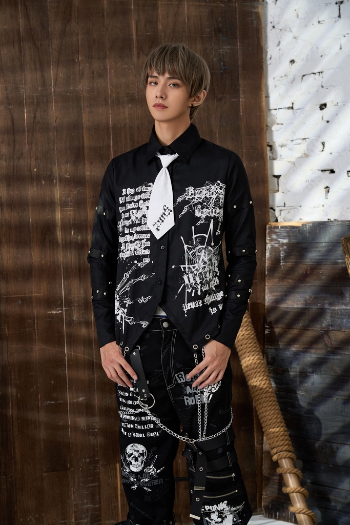 Jillpunk 王道パンク ロック プレッピー バンギャ 兄系ファッション サイバーアイドル 蜘蛛の巣柄 ネクタイ スタッズ付き 長袖ドレスシャツ メンズ レディーズ V系 おしゃれ男女兼用カッコいい