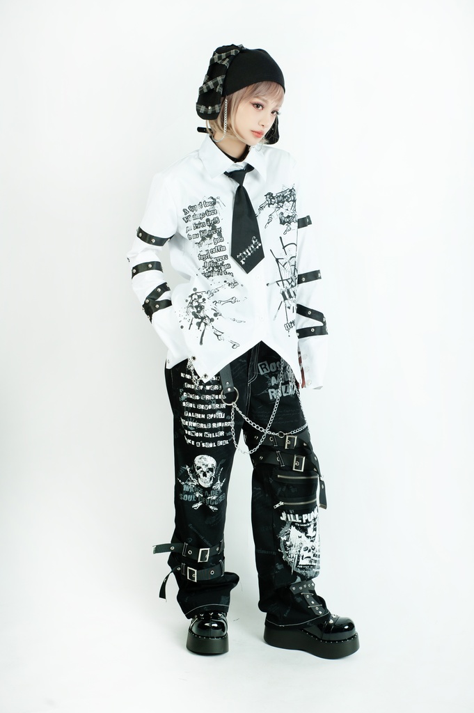 Jillpunk 王道パンク ロック プレッピー バンギャ 兄系ファッション サイバーアイドル 蜘蛛の巣柄 ネクタイ スタッズ付き 長袖ドレスシャツ メンズ レディーズ V系 おしゃれ男女兼用カッコいい