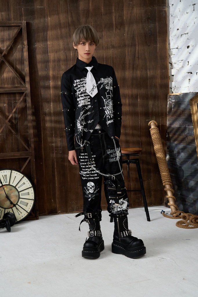 Jillpunk 王道パンク ロック プレッピー バンギャ 兄系ファッション サイバーアイドル 蜘蛛の巣柄 ネクタイ スタッズ付き 長袖ドレスシャツ メンズ レディーズ V系 おしゃれ男女兼用カッコいい