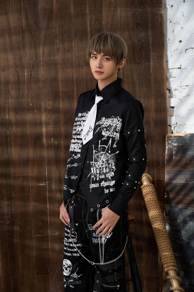 Jillpunk 王道パンク ロック プレッピー バンギャ 兄系ファッション サイバーアイドル 蜘蛛の巣柄 ネクタイ スタッズ付き 長袖ドレスシャツ メンズ レディーズ V系 おしゃれ男女兼用カッコいい