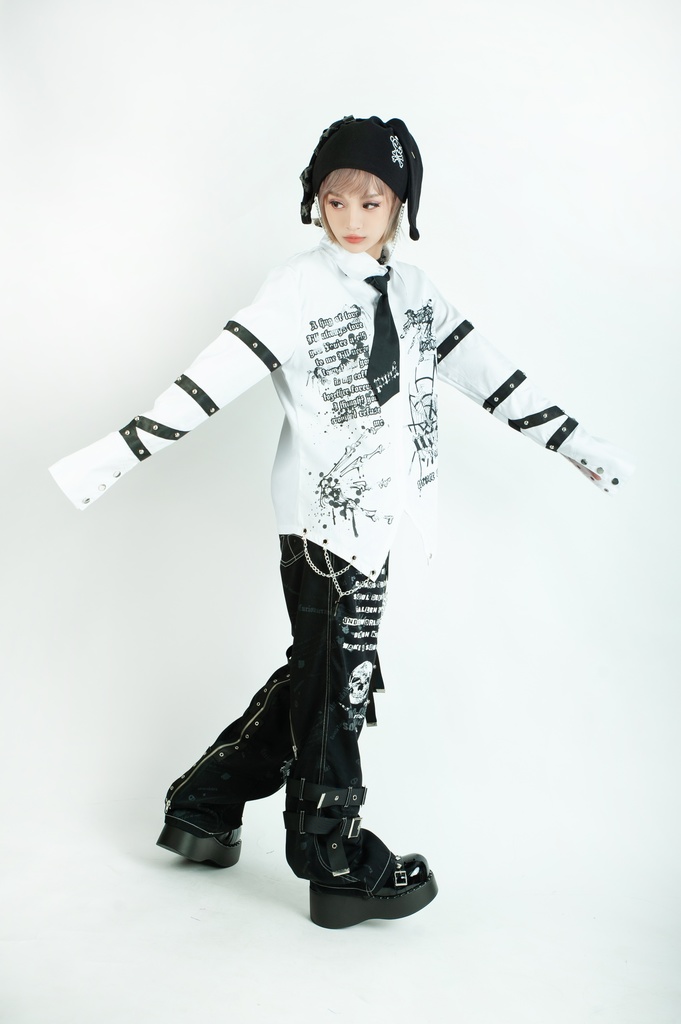 Jillpunk 王道パンク ロック プレッピー バンギャ 兄系ファッション サイバーアイドル 蜘蛛の巣柄 ネクタイ スタッズ付き 長袖ドレスシャツ メンズ レディーズ V系 おしゃれ男女兼用カッコいい