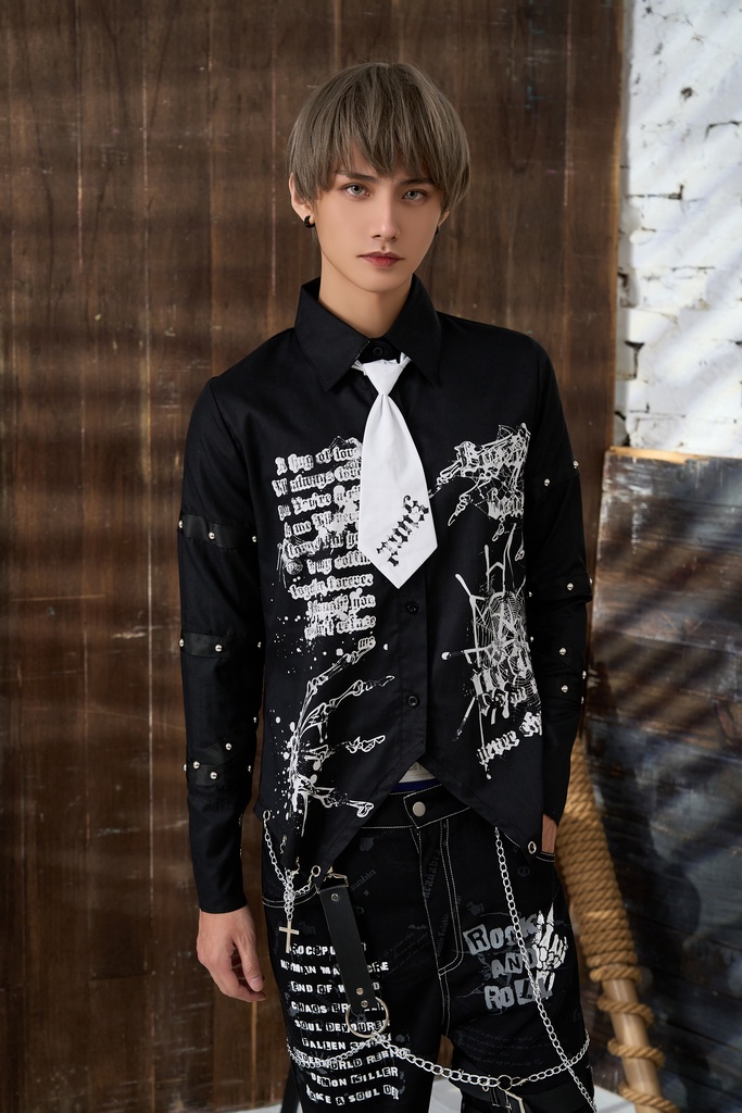 Jillpunk 王道パンク ロック プレッピー バンギャ 兄系ファッション サイバーアイドル 蜘蛛の巣柄 ネクタイ スタッズ付き 長袖ドレスシャツ メンズ レディーズ V系 おしゃれ男女兼用カッコいい