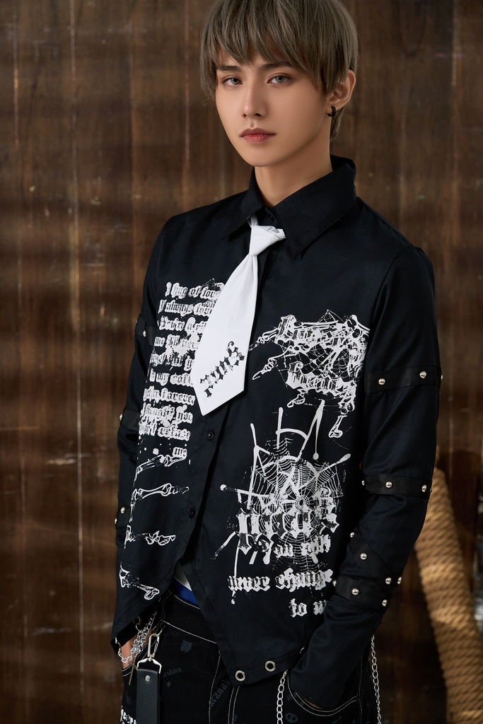 Jillpunk 王道パンク ロック プレッピー バンギャ 兄系ファッション サイバーアイドル 蜘蛛の巣柄 ネクタイ スタッズ付き 長袖ドレスシャツ メンズ レディーズ V系 おしゃれ男女兼用カッコいい