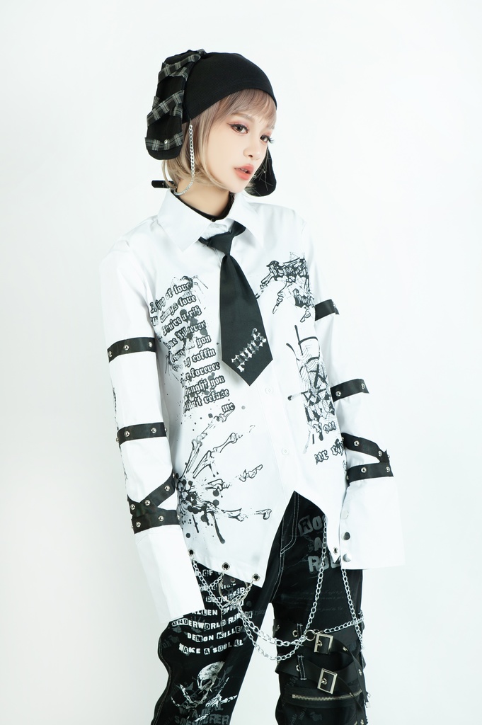 Jillpunk 王道パンク ロック プレッピー バンギャ 兄系ファッション サイバーアイドル 蜘蛛の巣柄 ネクタイ スタッズ付き 長袖ドレスシャツ メンズ レディーズ V系 おしゃれ男女兼用カッコいい