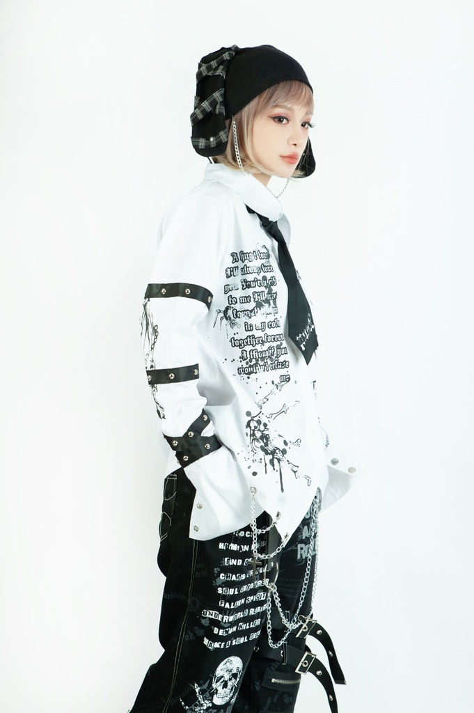 Jillpunk 王道パンク ロック プレッピー バンギャ 兄系ファッション サイバーアイドル 蜘蛛の巣柄 ネクタイ スタッズ付き 長袖ドレスシャツ メンズ レディーズ V系 おしゃれ男女兼用カッコいい