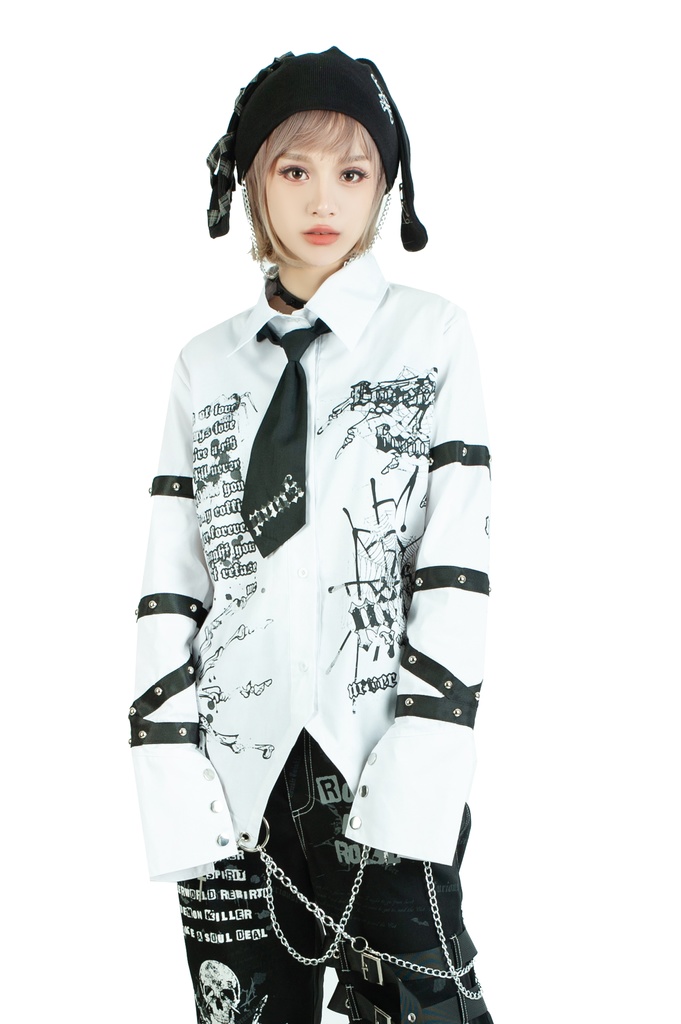 Jillpunk 王道パンク ロック プレッピー バンギャ 兄系ファッション サイバーアイドル 蜘蛛の巣柄 ネクタイ スタッズ付き 長袖ドレスシャツ メンズ レディーズ V系 おしゃれ男女兼用カッコいい