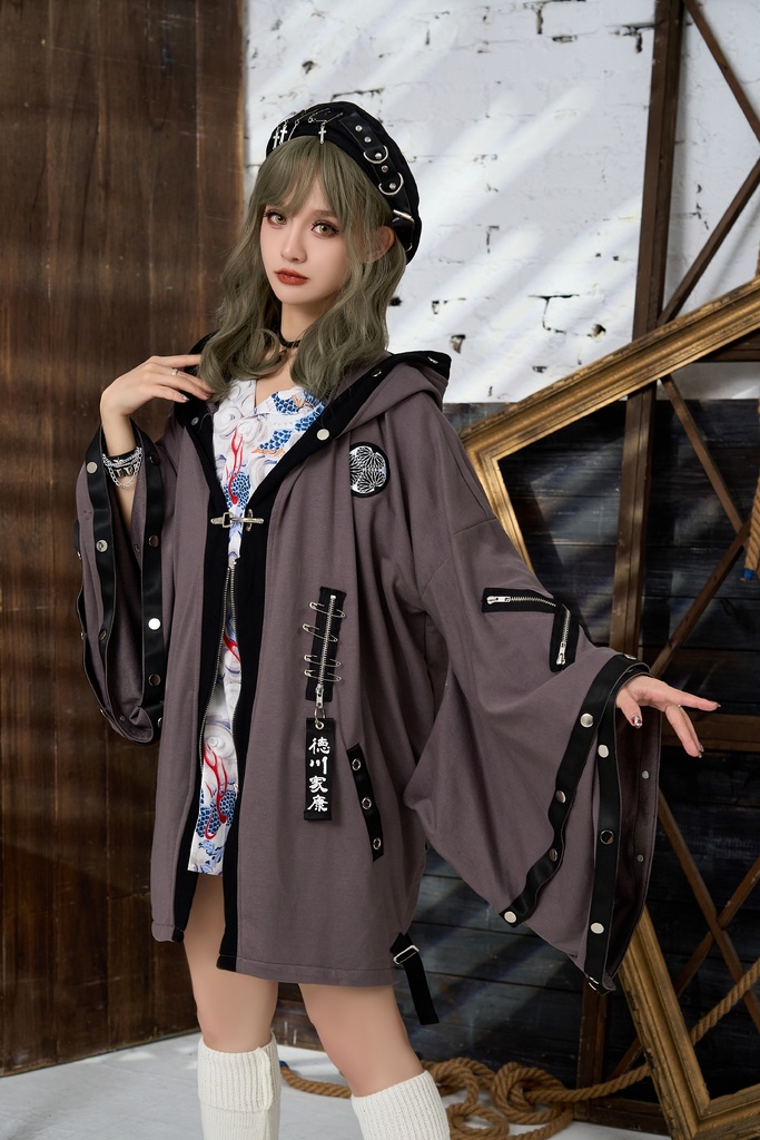 Jillpunk 和風モード 和パンク 和柄 戦国武将物語 德川家康 征夷大将軍 武将譚 家紋刺繡 スダッズストラップ フード付き 振袖現代羽織 和装ジャケット オリジナル メンズ レディー V系 カッコいい おしゃれ 男女兼用ファッション