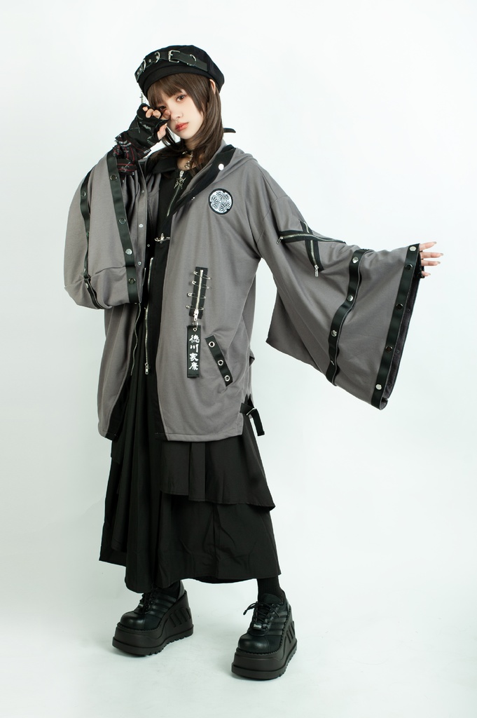 Jillpunk 和風モード 和パンク 和柄 戦国武将物語 德川家康 征夷大将軍 武将譚 家紋刺繡 スダッズストラップ フード付き 振袖現代羽織 和装ジャケット オリジナル メンズ レディー V系 カッコいい おしゃれ 男女兼用ファッション