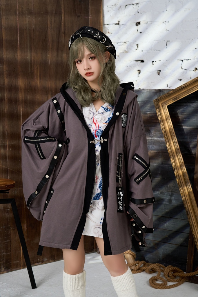 Jillpunk 和風モード 和パンク 和柄 戦国武将物語 德川家康 征夷大将軍 武将譚 家紋刺繡 スダッズストラップ フード付き 振袖現代羽織 和装ジャケット オリジナル メンズ レディー V系 カッコいい おしゃれ 男女兼用ファッション